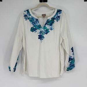 Chico's White Blue Floral V-Neck Peasant Blouse Top Size 3 XL
